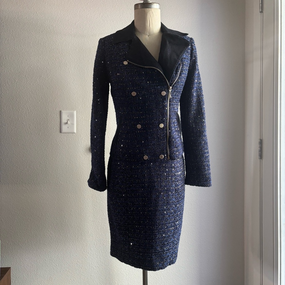 White House Black Market Classic Sparkle Blue Tweed Blazer and Dress Set